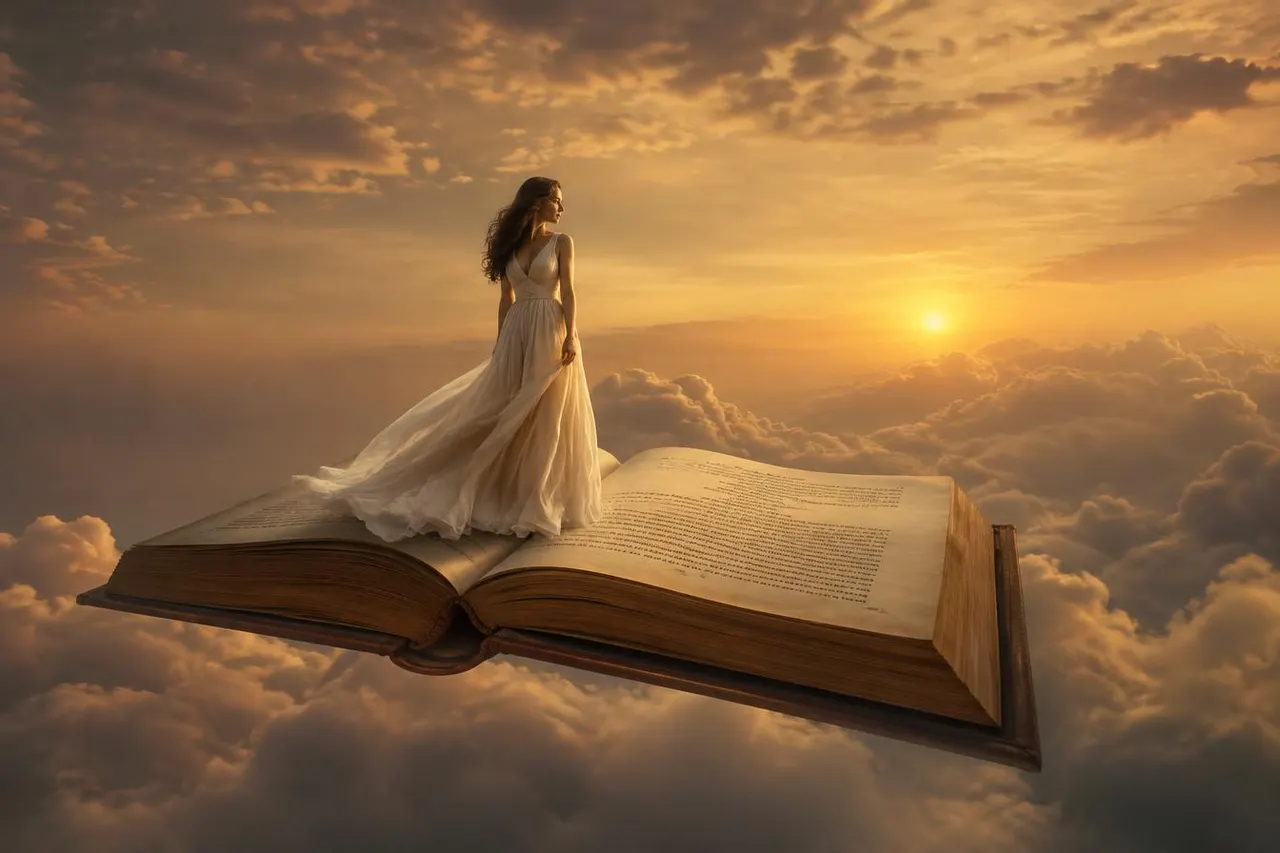 Demo: creative composite of a woman standing on a giant open book above the clouds