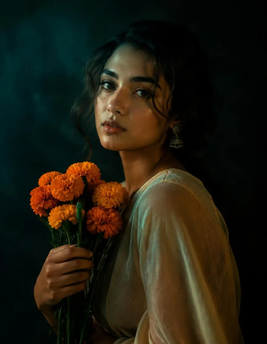 Demo: colour-graded portrait of a woman holding marigold flowers